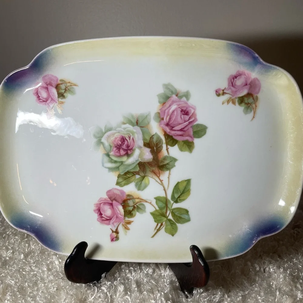 P K Silesia Pink Roses 10 Inch Dressing Table Tray Transferware Made in Germany